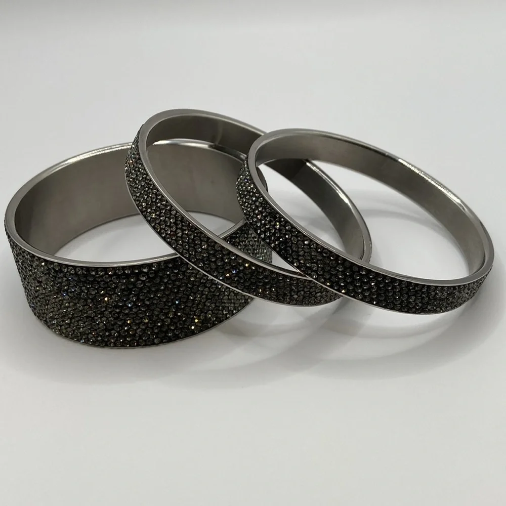 Crystal Bangle Bracelets, Set of Three, Gunmetal, 7.5”